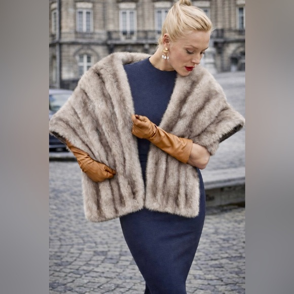 Hens & Kelly Vintage Pure Fur Mink Silk Stole Button Shawl Cover Up 1960s - Picture 3 of 12